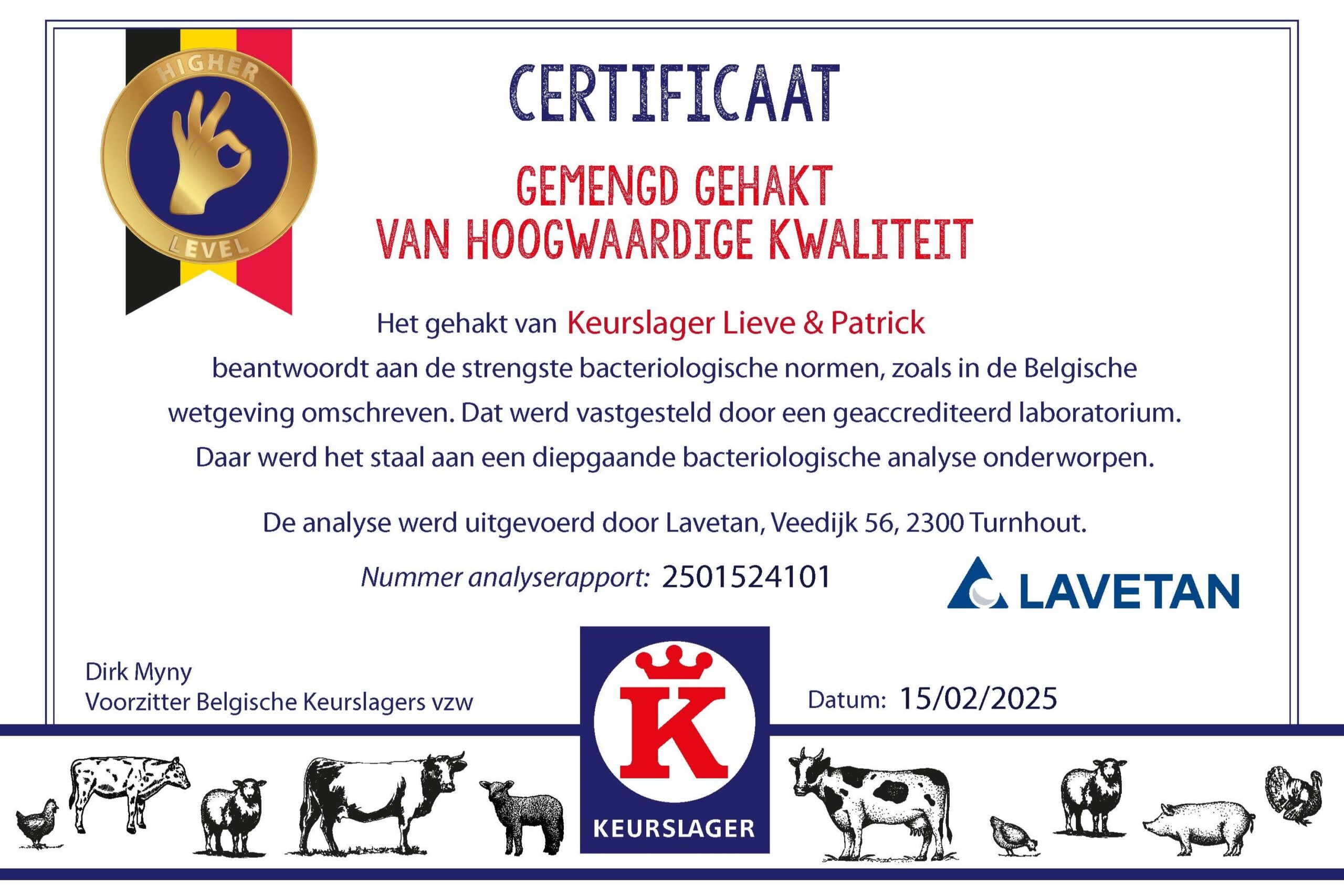 Certificaat Gehakt Keurslager Lieve en Patrick Oudsbergen