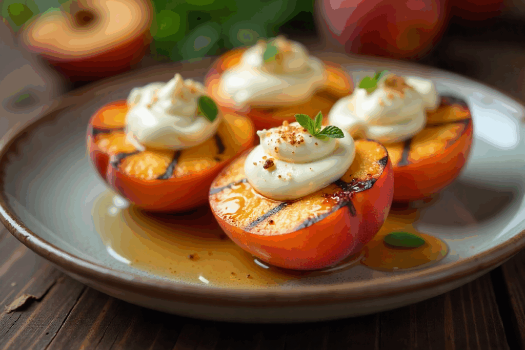 Gegrilde perziken met mascarpone en honing. Keruslager Lieve en Patrick Oudsbergen
